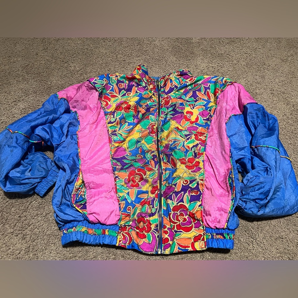 Vintage Colorful Floral Retro Windbreaker Jacket - Multicolor. READ DESCRIPTION